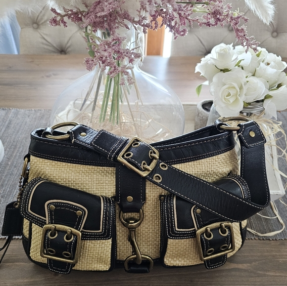 Vintage Coach Legacy Leather Trimmed Manufactured Straw Hobo Shoulder Bag - Picture 4 of 16